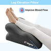 A black leg elevation pillow is shown under a person's feet, demonstrating a 27-degree angle for improved blood flow.