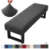 A gray stretch jacquard dining bench cover shown with a separate fabric swatch and wood frame.