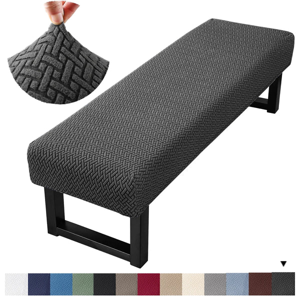 A gray stretch jacquard dining bench cover shown with a separate fabric swatch and wood frame.