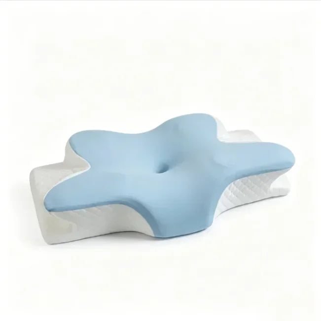 Light blue cooling memory foam cervical pillow with white accents for neck pain relief