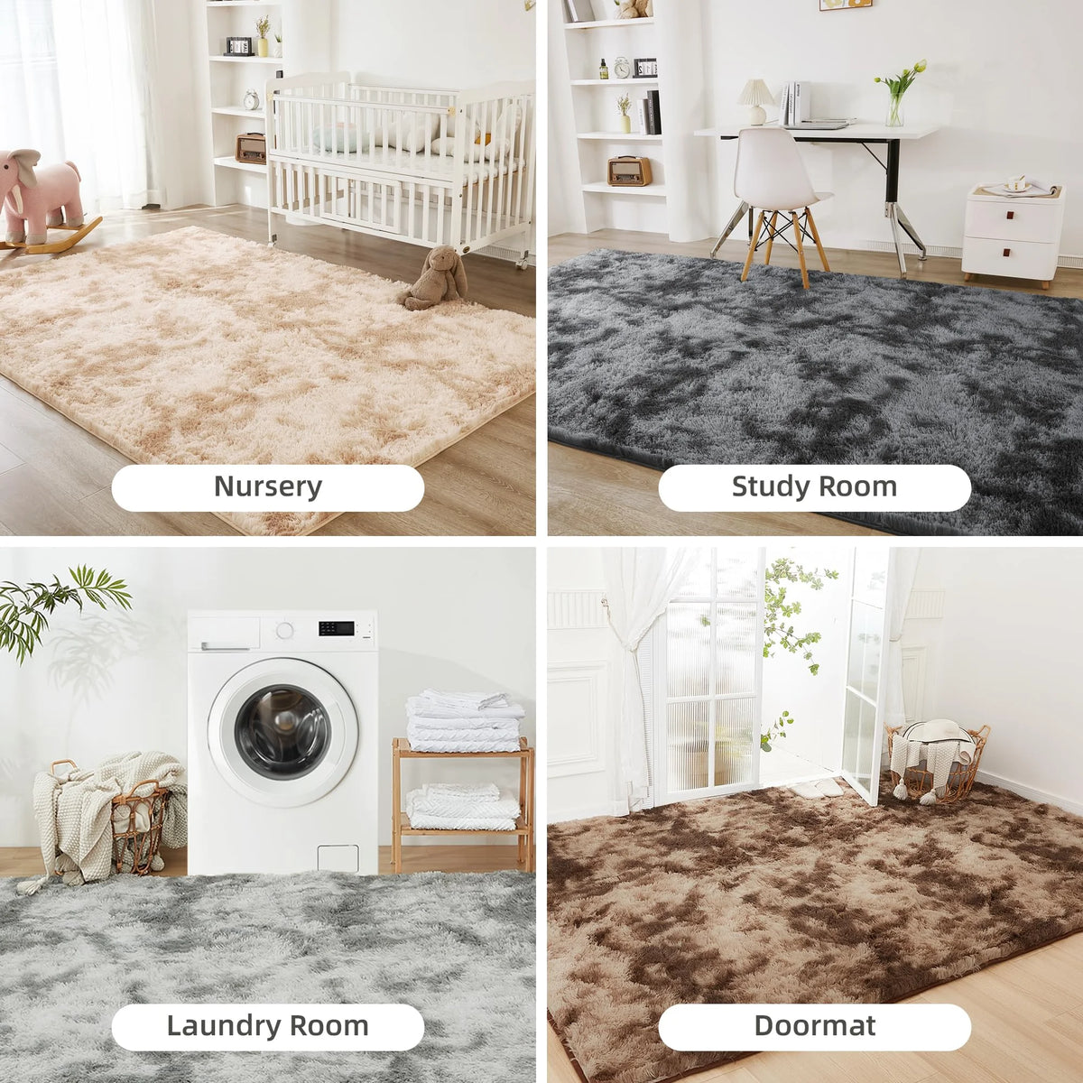 A cream tie-dye shaggy rug is shown in a nursery setting, alongside images of various rooms and a laundry room.