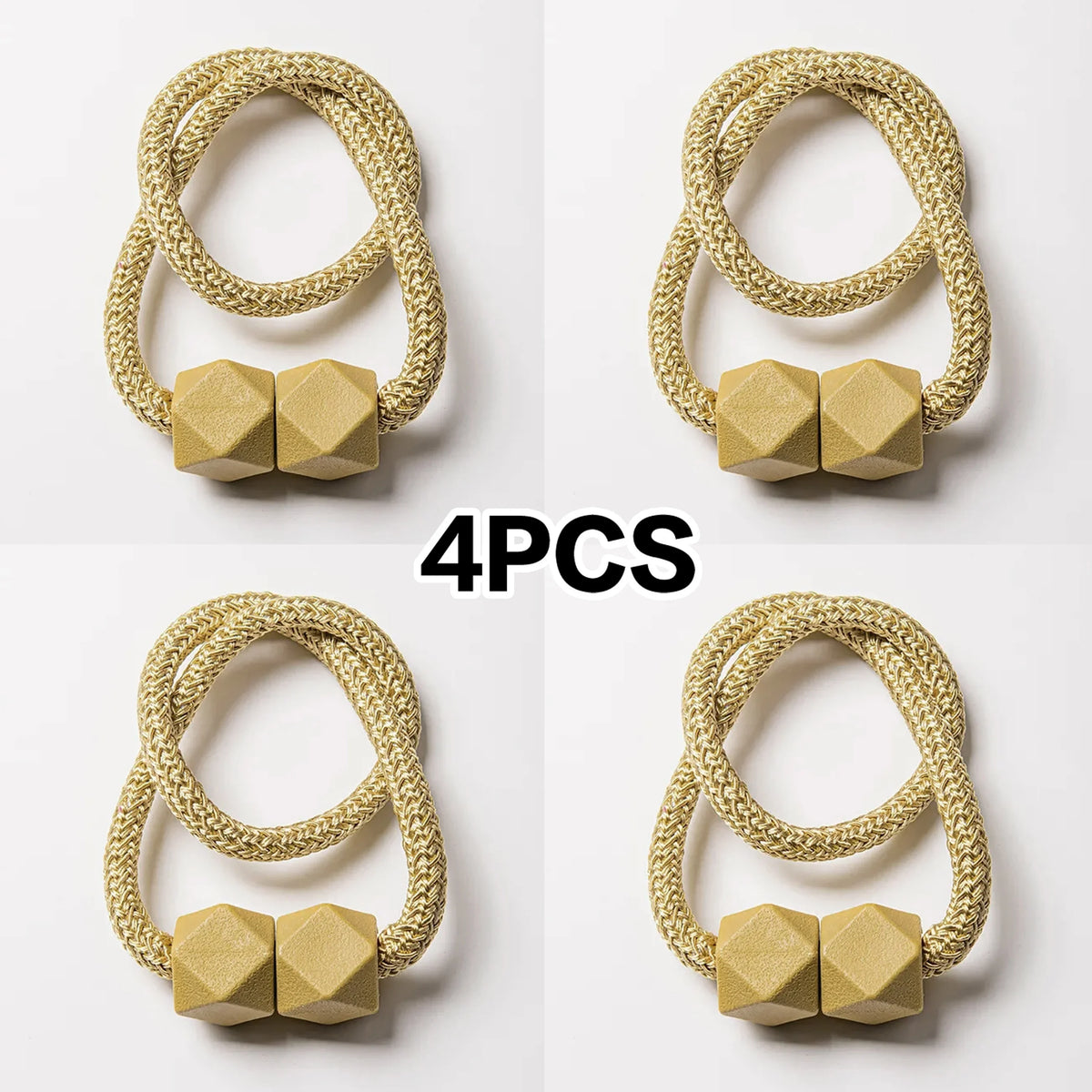 Four sets of gold-colored magnetic curtain tiebacks with hexagonal accents