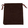 A dark brown velvet drawstring gift bag with brown ties.