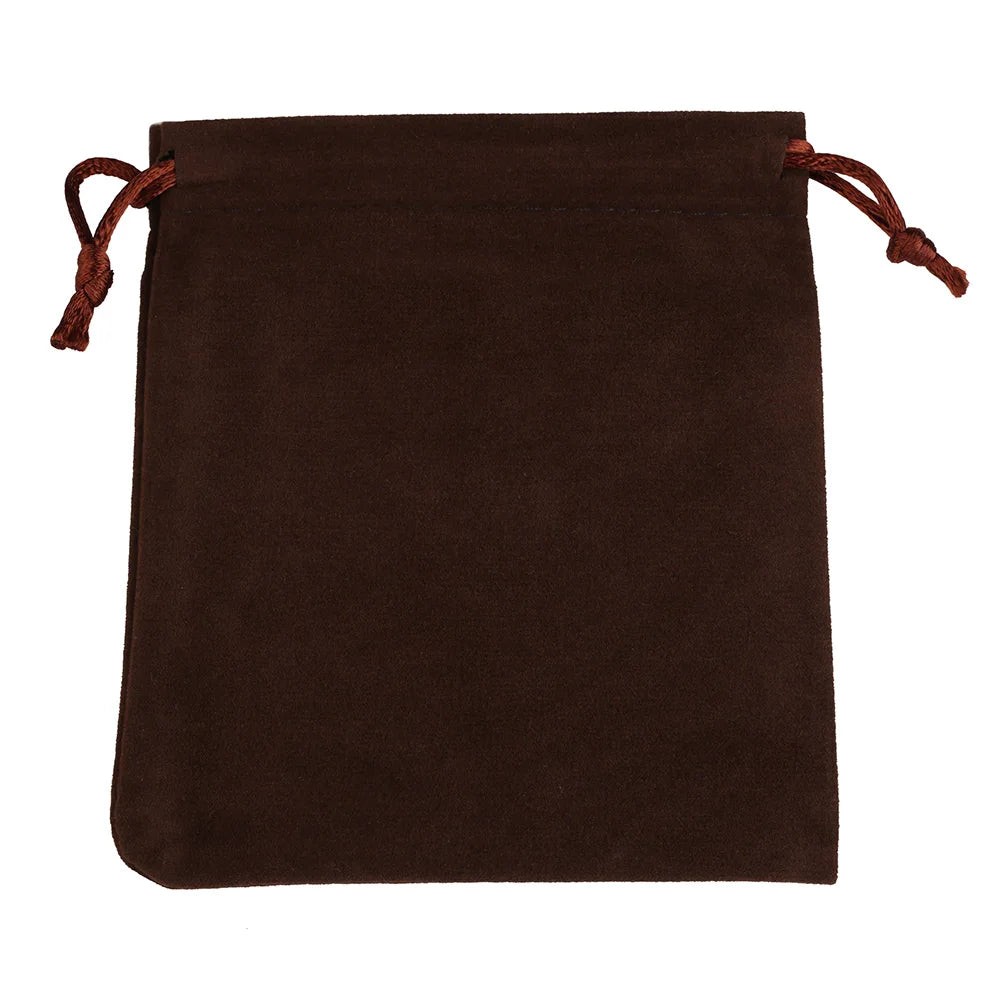 A dark brown velvet drawstring gift bag with brown ties.