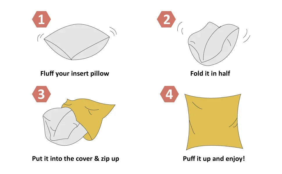 Instructions for folding and stuffing a decorative pillow cover into an insert pillow.
