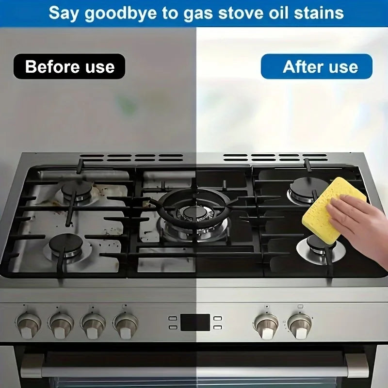 A gas stove is shown before and after using a reusable protector liner to remove oil stains.