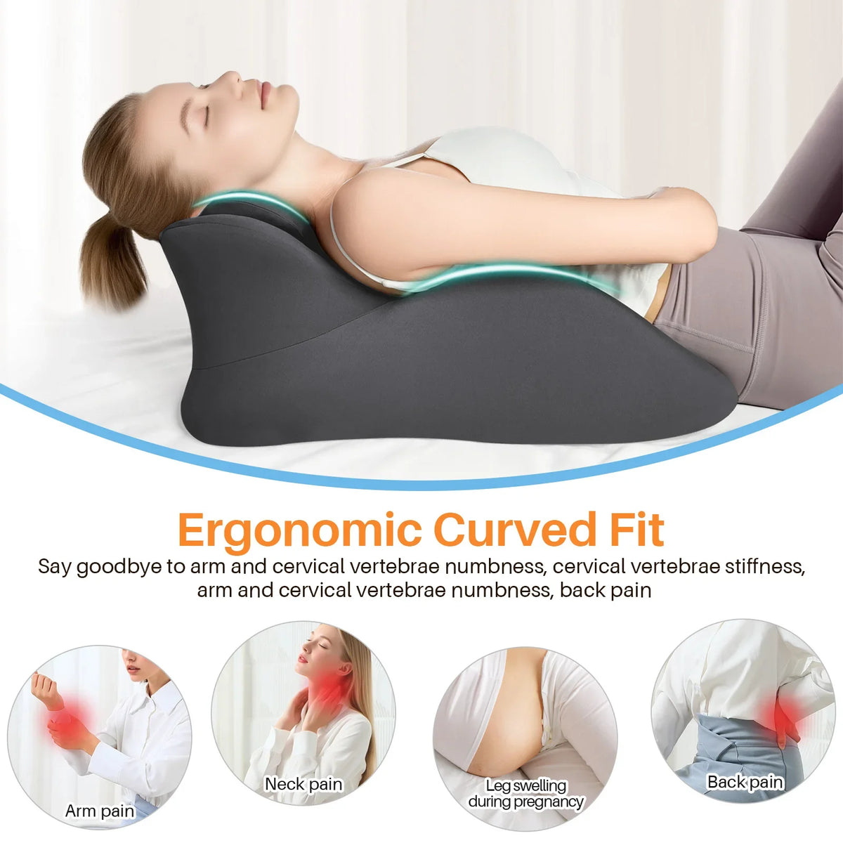 A person is lying down using an ergonomic curved fit memory foam wedge pillow for neck and arm support.