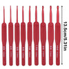A set of red ergonomic crochet hooks in various sizes from 2/0 to 10/0.