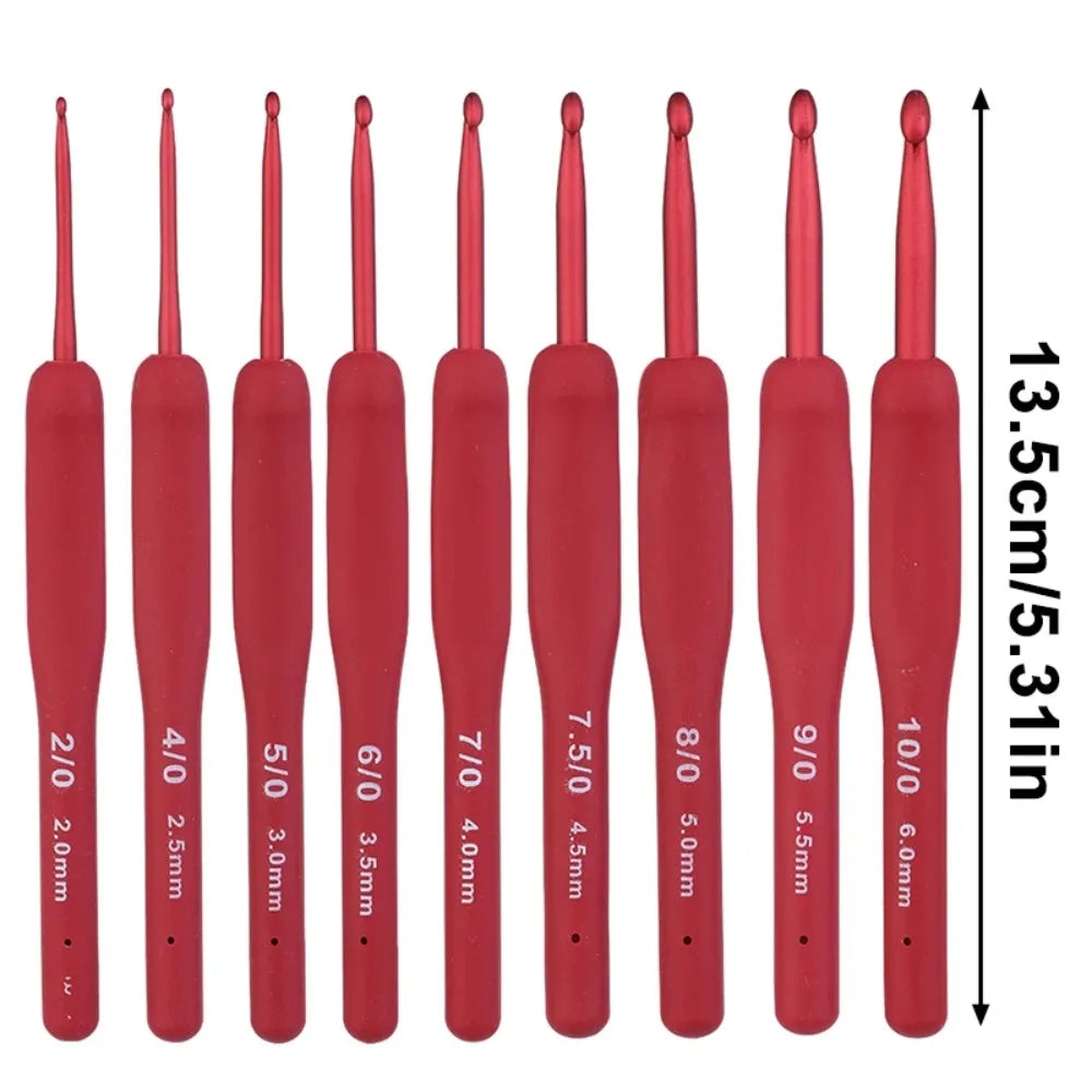 A set of red ergonomic crochet hooks in various sizes from 2/0 to 10/0.
