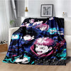 A dark blue and black anime throw blanket featuring characters from Jujutsu Kaisen in a dynamic style.