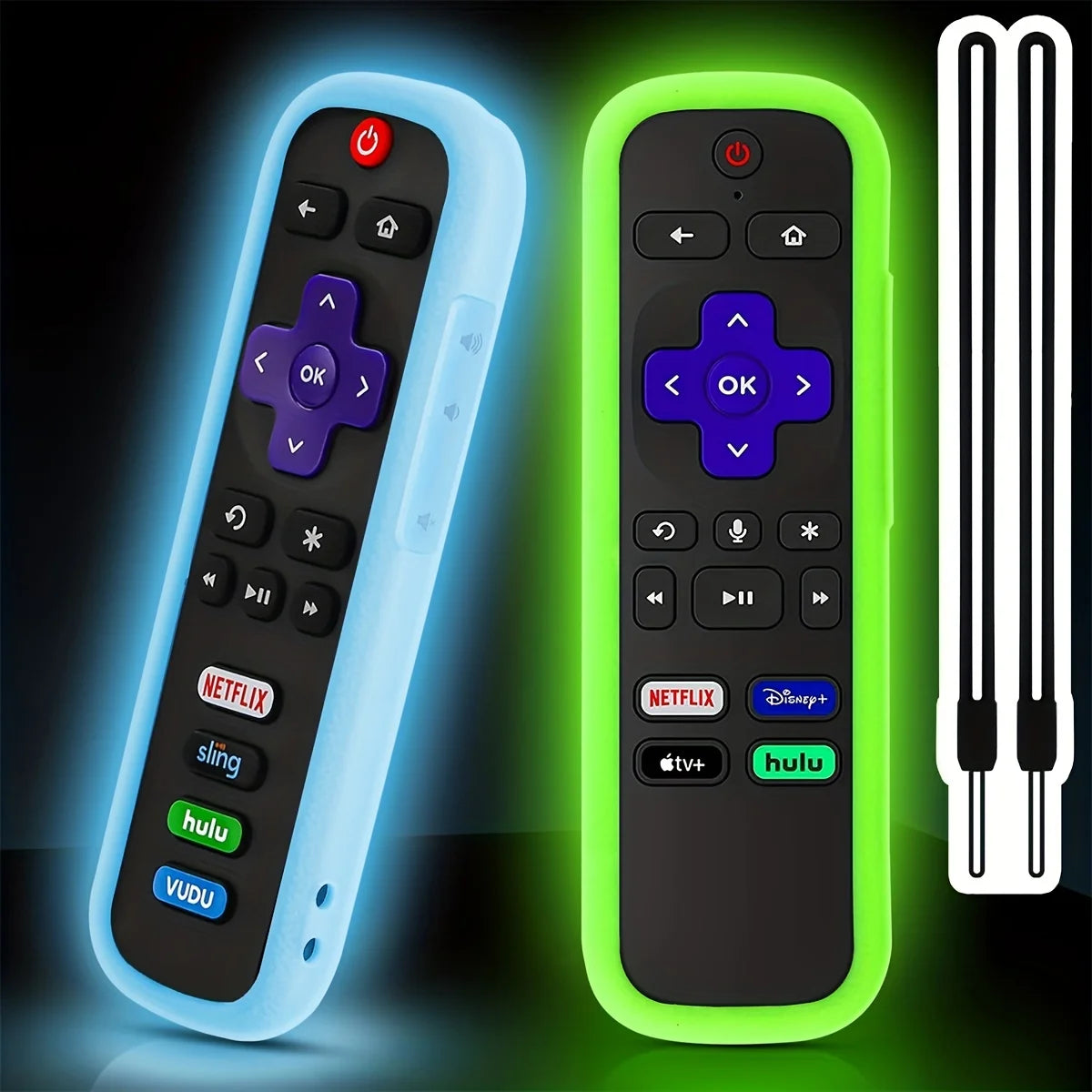 A pair of glow-in-the-dark silicone remote covers, one blue and one green, shown next to their packaging.