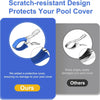 A blue pool cover clip is shown protecting a pool cover, emphasizing scratch-resistant design.