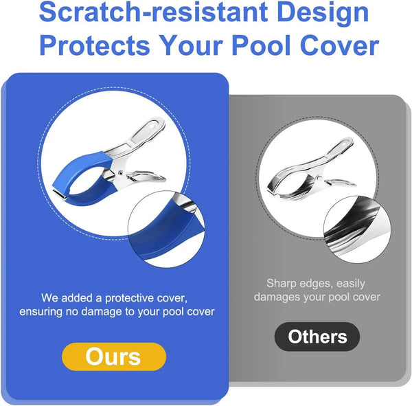 A blue pool cover clip is shown protecting a pool cover, emphasizing scratch-resistant design.