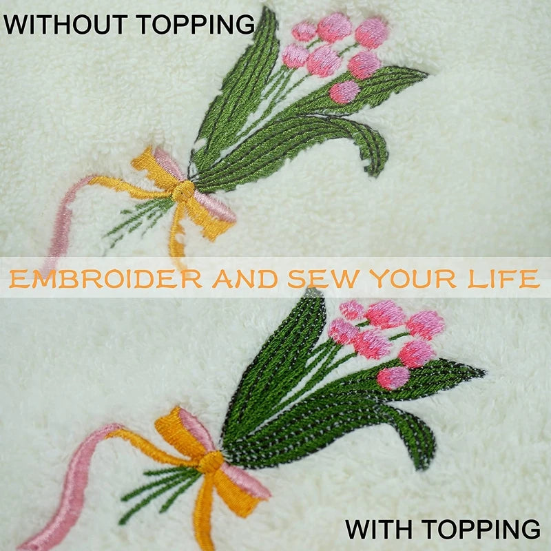 Embroidery design featuring pink and green flowers on white fabric, shown without and with topping.