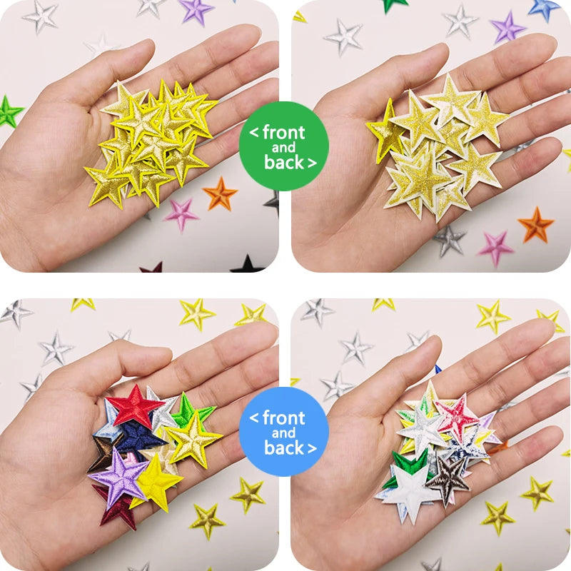 Hands display 20 five-pointed star embroidery patches for clothing, showing the front and back designs.