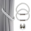 White braided magnetic curtain tieback clips and mounting hardware