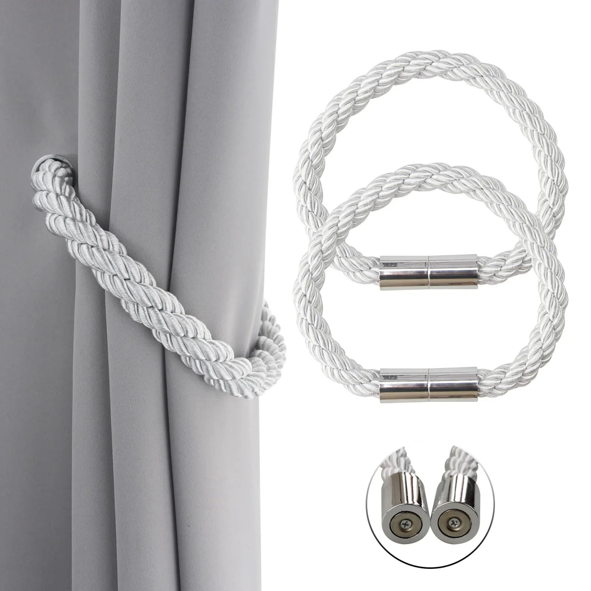 White braided magnetic curtain tieback clips and mounting hardware