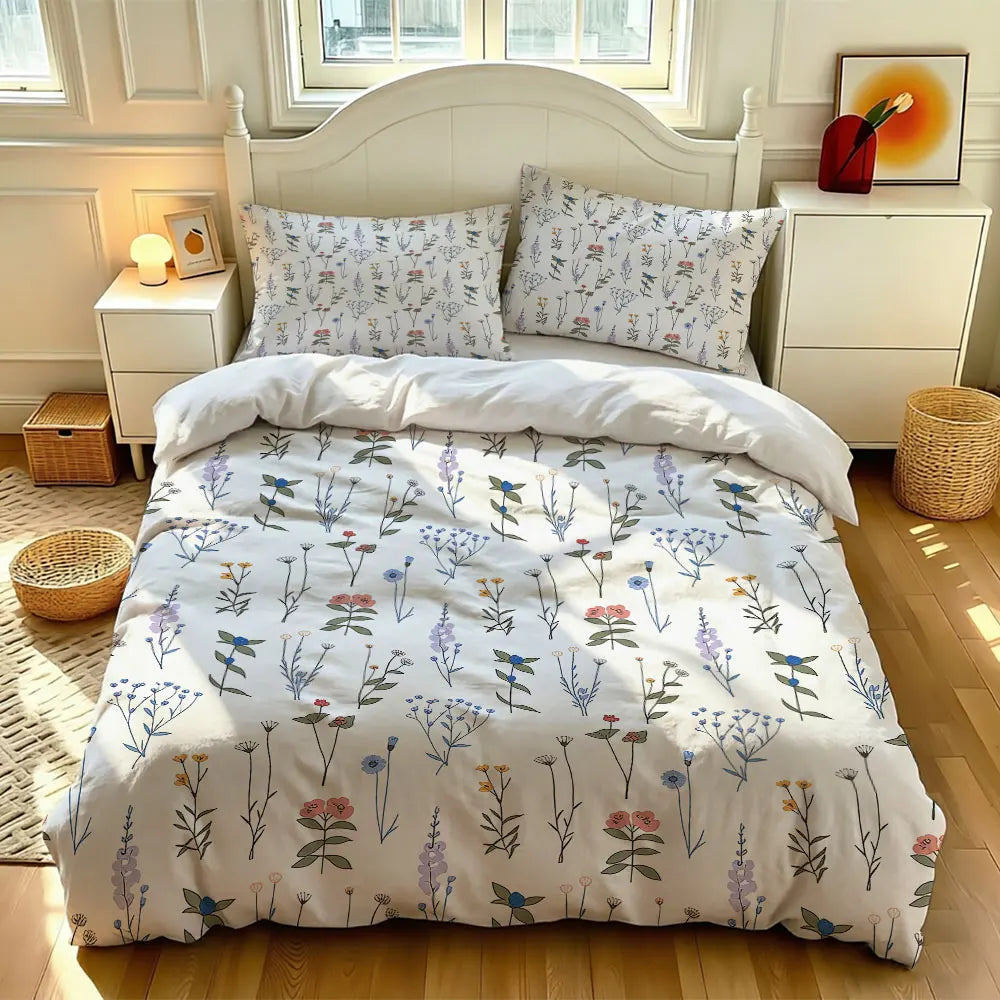 A white floral duvet cover set displayed on a bed with light wood furniture and natural textiles.