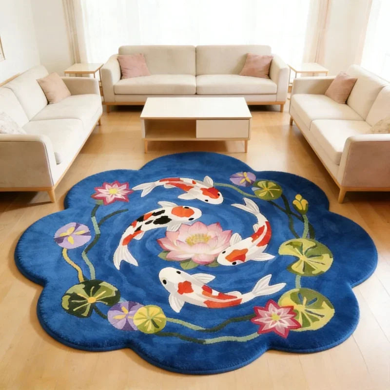 A round blue rug featuring a colorful pattern of koi fish and flowers on a light wooden floor.