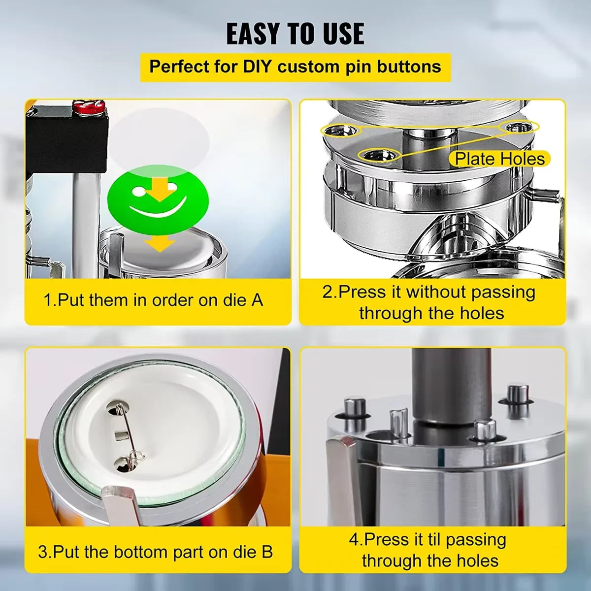 Instructions for using a professional button making machine kit to create custom pin buttons.