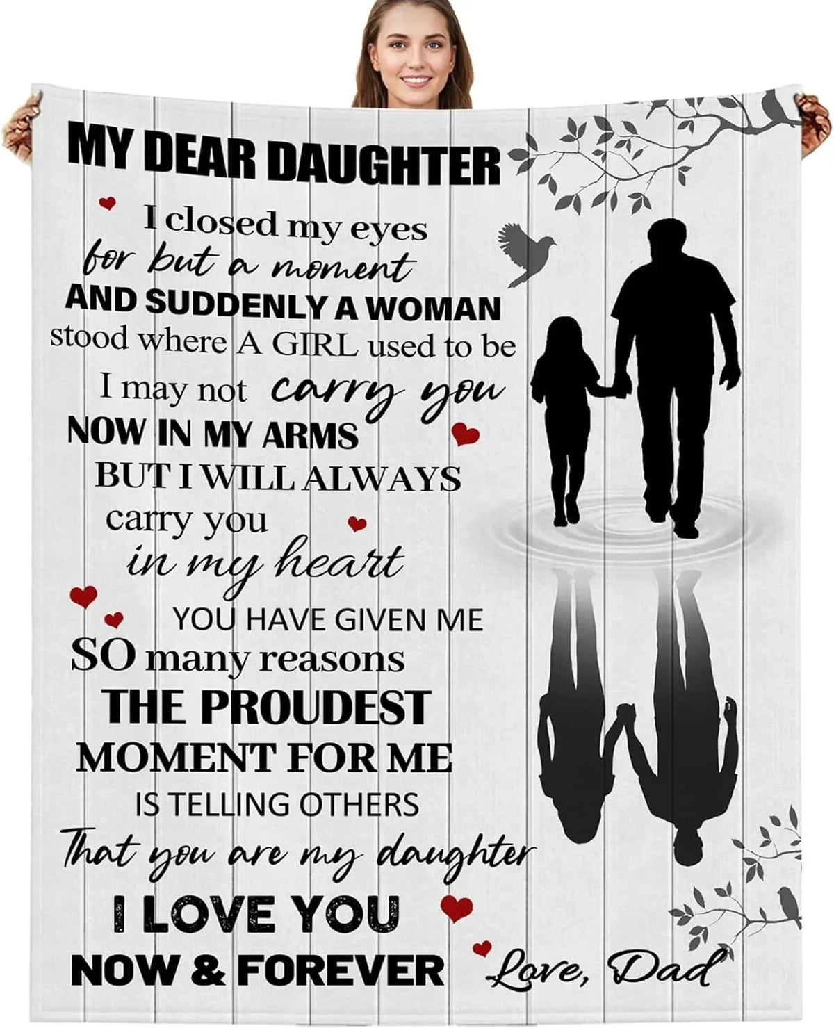 A white printable knit blanket featuring a heartfelt message to a daughter