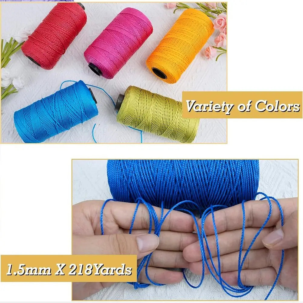 A variety of colored cotton silk thread spools, including red, pink, yellow, and blue, with a spool showing 1.5mm thread and 