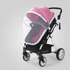 Pink and white foldable mosquito net canopy for infant cots on a wheeled stand.