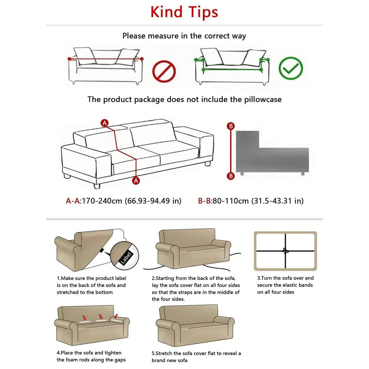 Instructions for measuring and applying a Jacquard stretch sofa cover, showing steps for fitting the fabric onto a sofa.