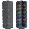 A felt hat storage rack with wall mount and hanging organizer showing various colored hats.