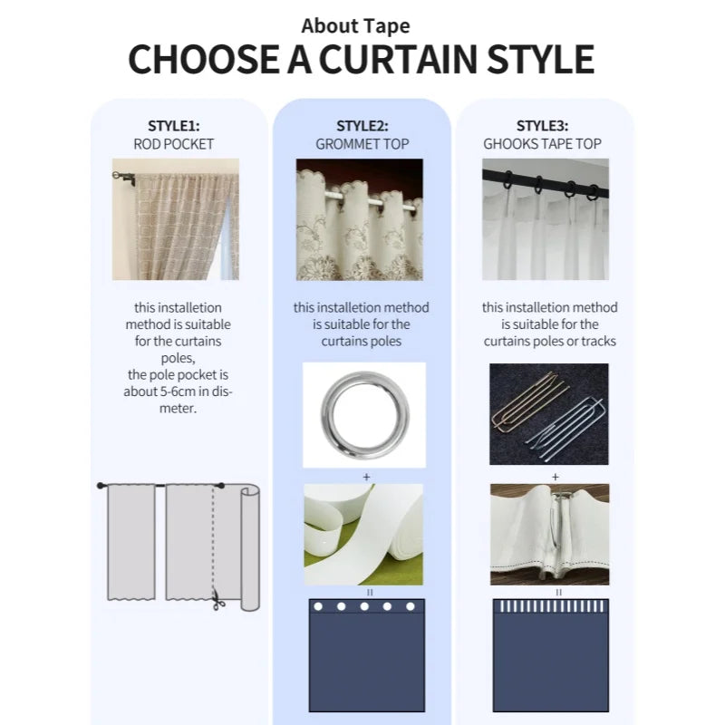 Three curtain styles are shown: rod pocket, grommet top, and hooks tape top.