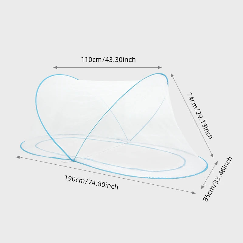 A transparent portable mosquito net spread out, showing its dimensions and shape.