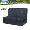 Two dark blue patterned cushion covers for an RV dinette with anti-slip backing