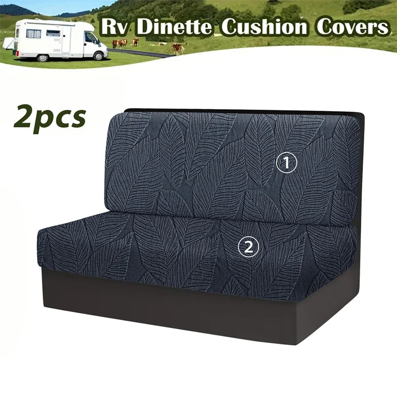 Two dark blue patterned cushion covers for an RV dinette with anti-slip backing