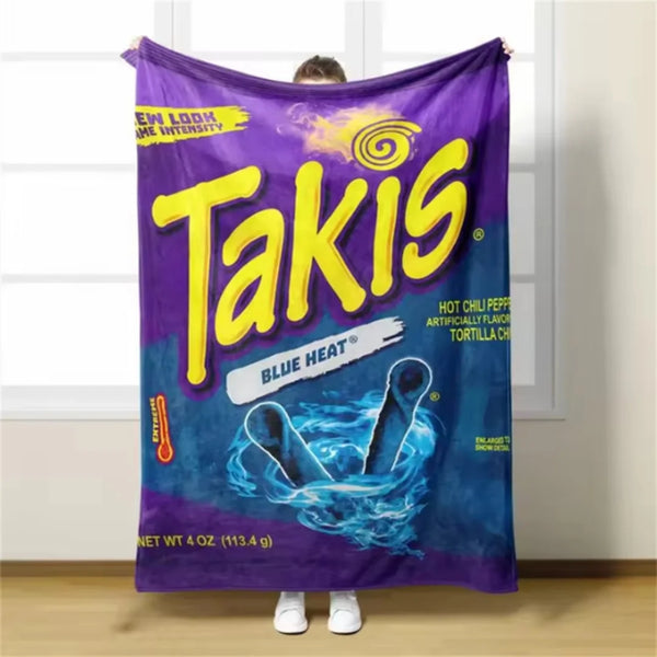 A purple flannel blanket featuring a graphic of Takis chili and blue heat flavor.