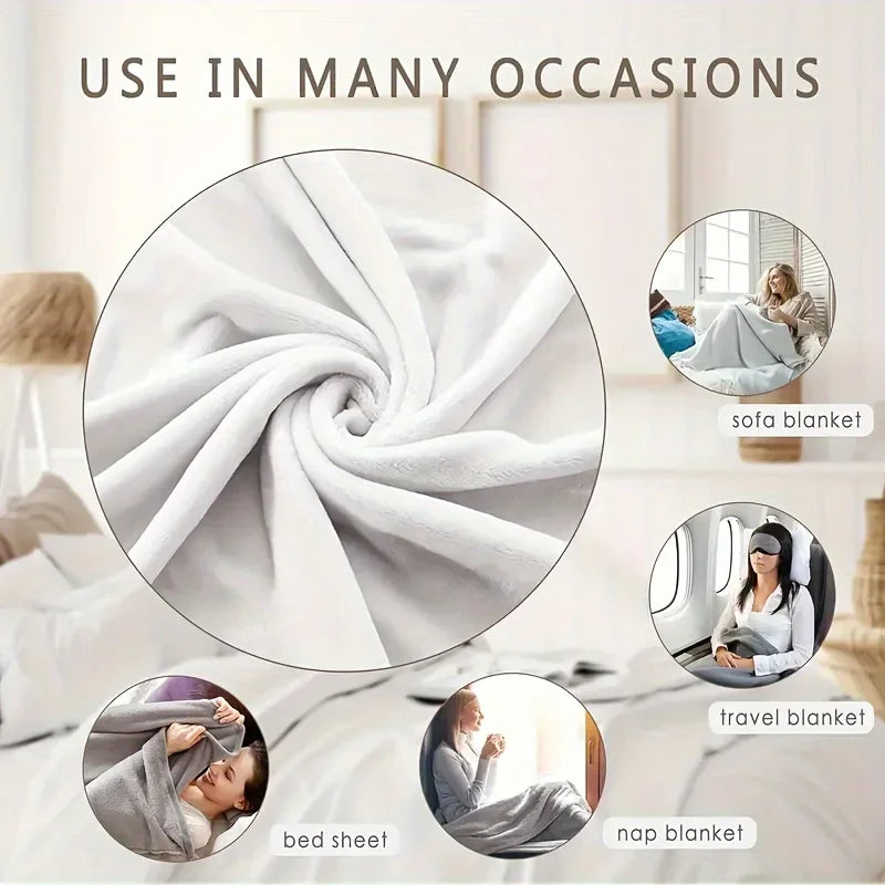 Various uses of a cozy plush fleece throw blanket including sofa, bed, and travel blankets.