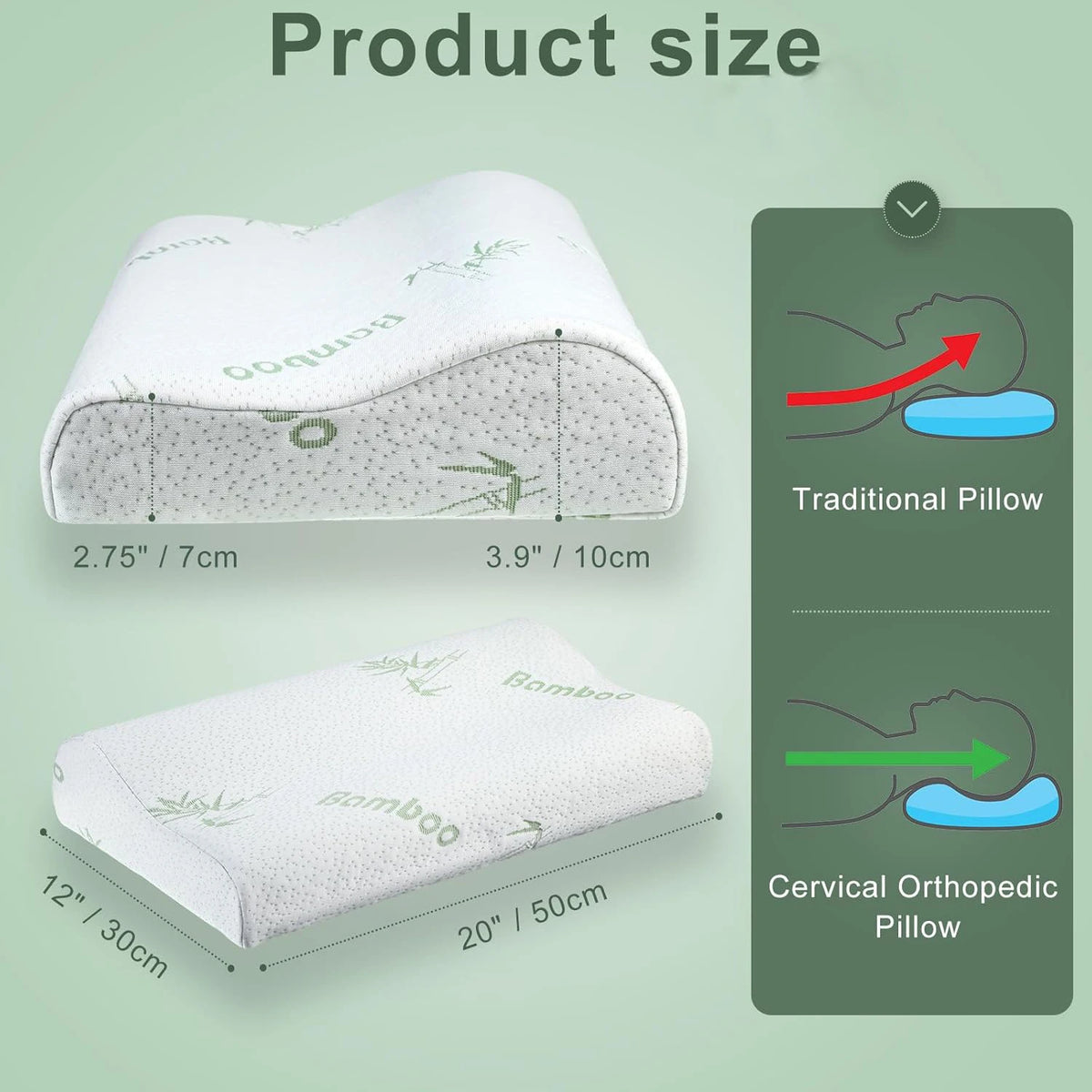 Comparison of a traditional pillow and a cervical orthopedic pillow, showing their sizes and shapes.