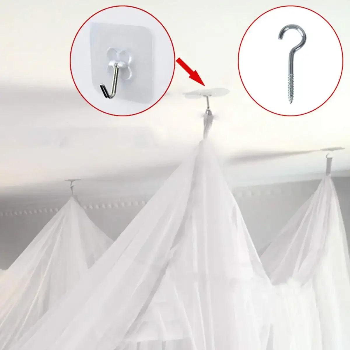 Elegant mosquito netting canopy for beds showing installation details and draped fabric.