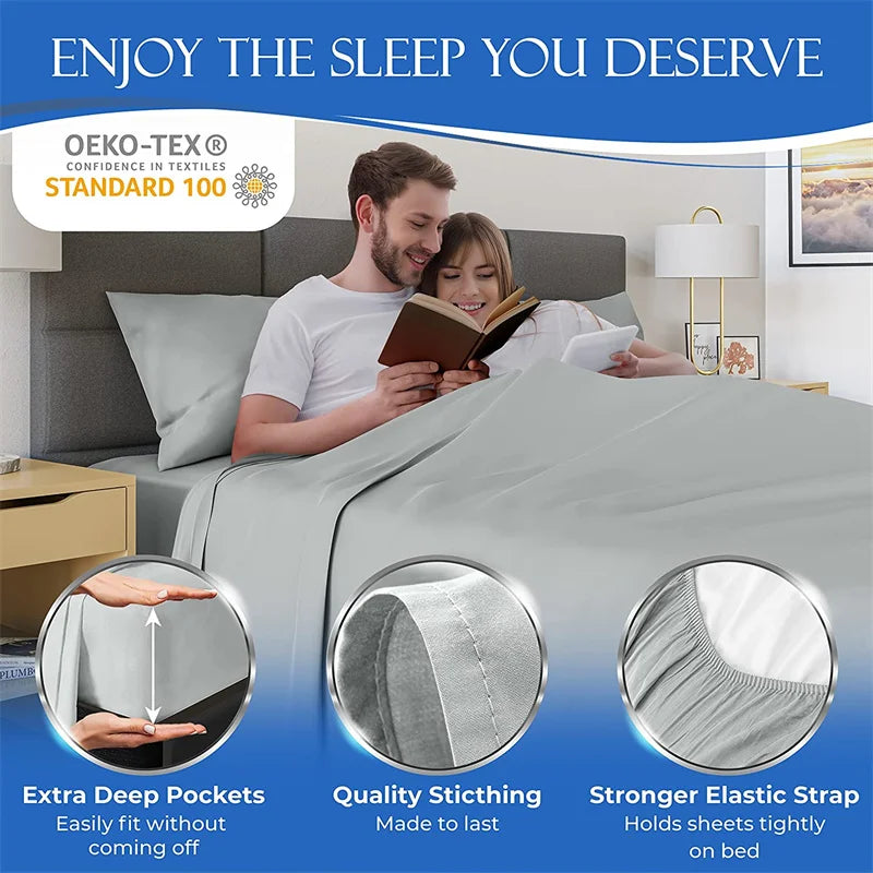 A couple relaxing in a bed with a gray sheet, showing features like deep pockets, quality stitching, and a strong elastic str
