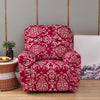 A vibrant red floral print recliner chair with ornate patterns displayed in a modern room setting.