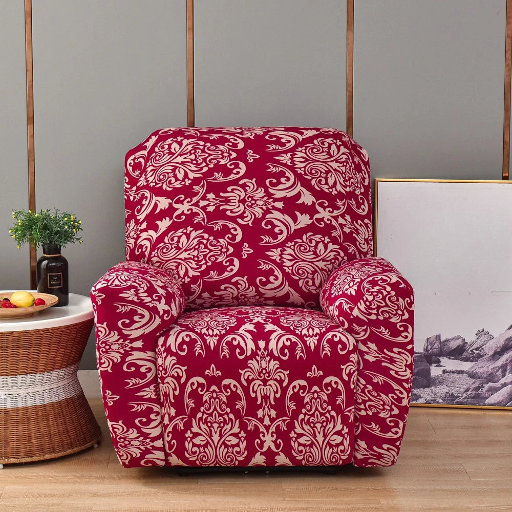 A vibrant red floral print recliner chair with ornate patterns displayed in a modern room setting.