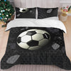 A soccer ball themed bedding set featuring a duvet cover and pillowcases with a black and white honeycomb pattern.