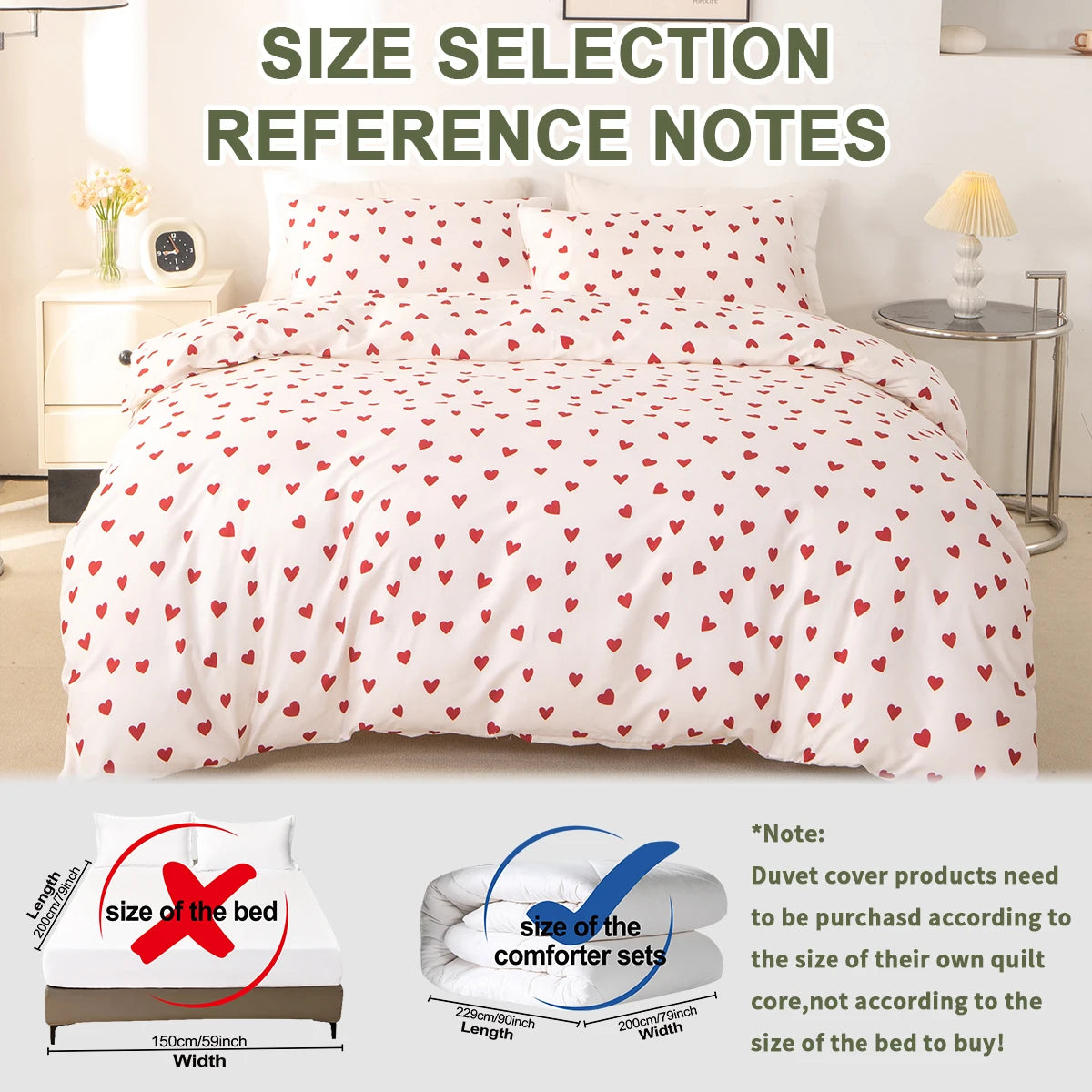 Reference notes for size selection showing the dimensions of a bed and comforter sets
