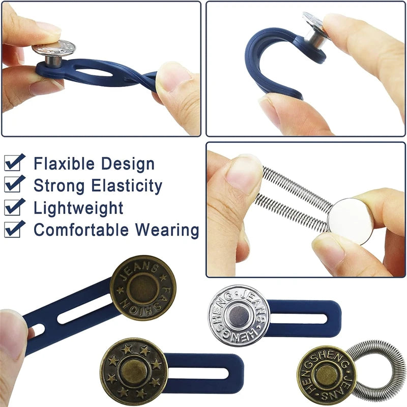 A set of metal button extenders for pants and jeans in blue and silver colors.