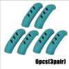 Six silicone pan handle covers in teal color, designed to protect heat resistant pot handles.