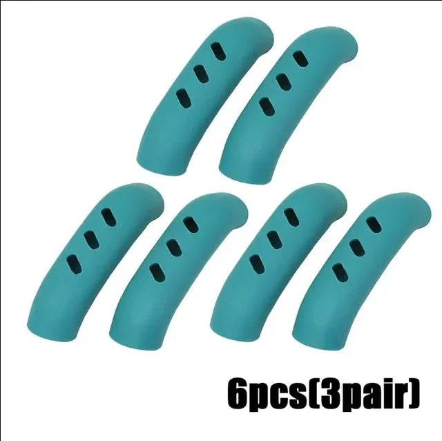 Six silicone pan handle covers in teal color, designed to protect heat resistant pot handles.