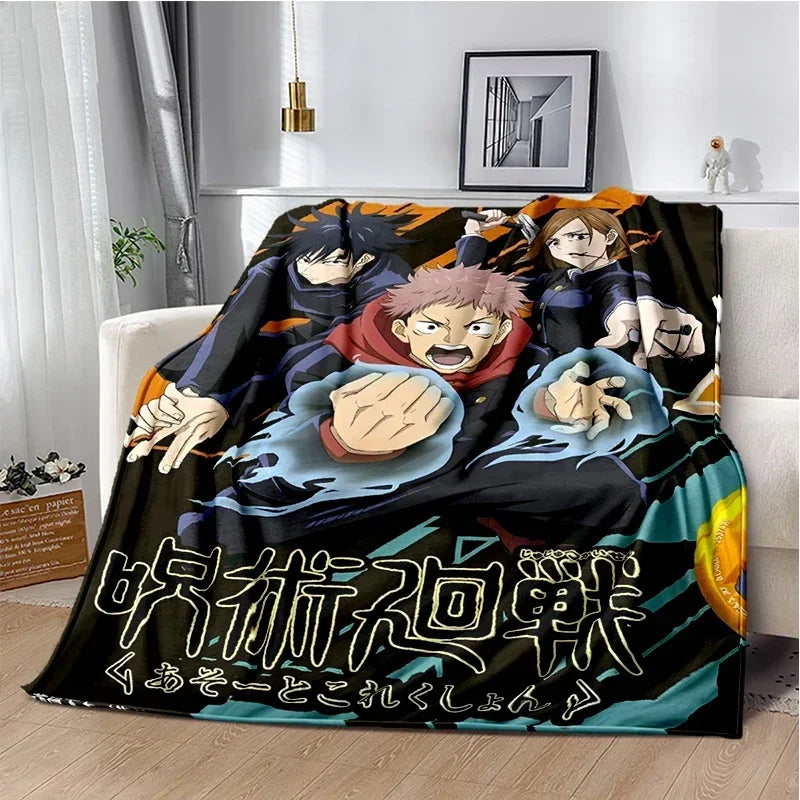 A dark and vibrant anime throw blanket featuring characters from Jujutsu Kaisen