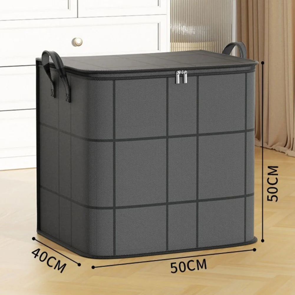 A gray portable folding storage bag with a rectangular shape and handle is shown standing on a wooden floor.