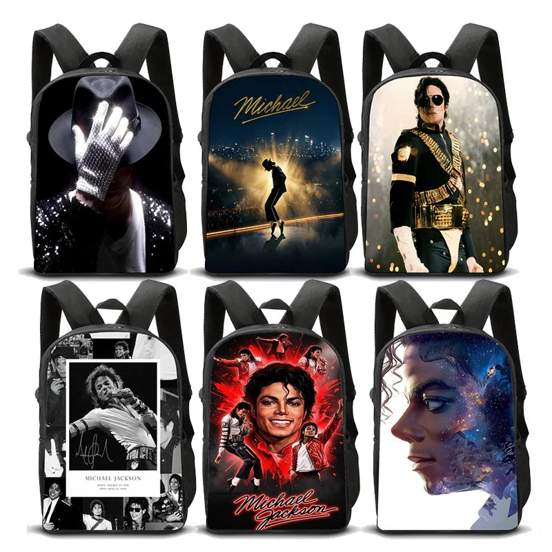 Three black backpacks featuring Michael Jackson artwork on the front