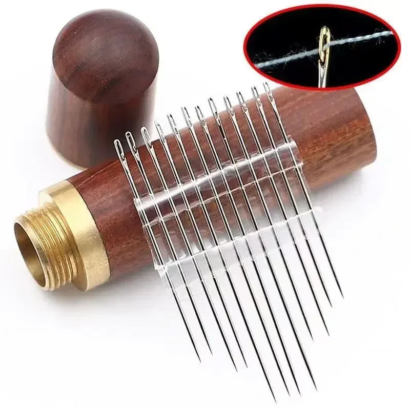 A set of multi-size hand sewing needles with a wooden storage case and a magnified view of the tips