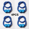 A set of four blue magnetic curtain tiebacks with cubic accents shown in various angles.